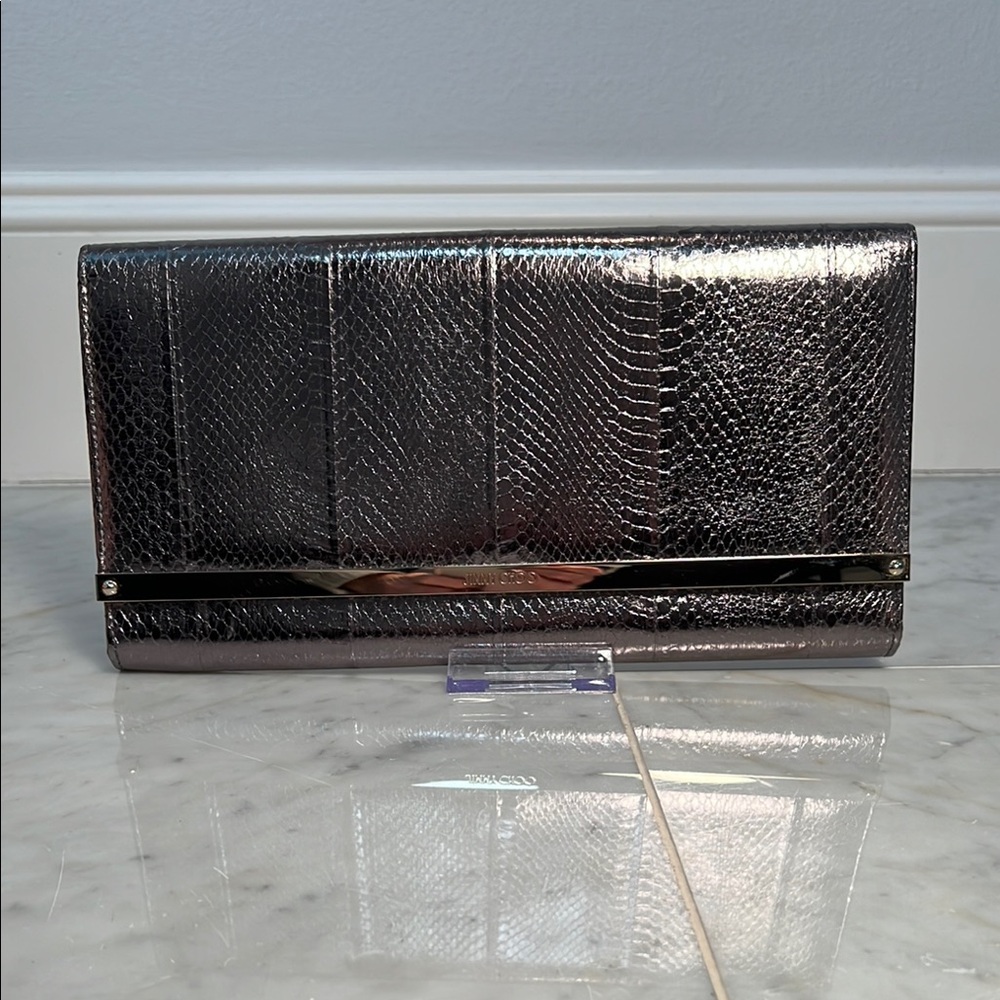 Jimmy Choo Metallic Pewter Snakeskin Clutch - Picture 2 of 6